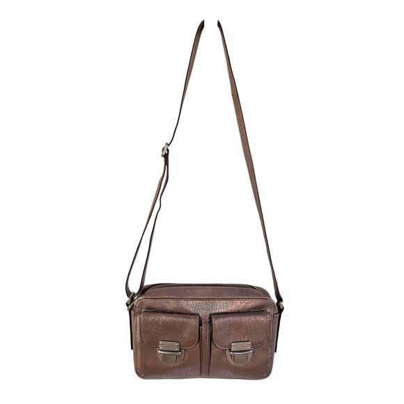 Fossil Riley Metallic Crossbody Bag Silver Foil Leather Camera Style Chic - Picture 7 of 12